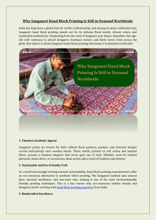 Why Sanganeri Hand Block Printing Is Still in Demand Worldwide