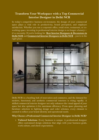 Transform Your Workspace with a Top Commercial Interior Designer in Delhi NCR