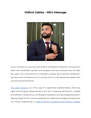 Vidhut Cables - MD's Message
