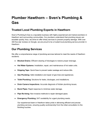 Plumber Hawthorn – Sven’s Plumbing & Gas