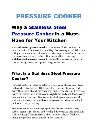 Benefits and Buying Guide for a stainless steel pressure cooker