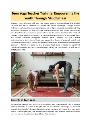Teen Yoga Teacher Training: Empowering the Youth Through Mindfulness