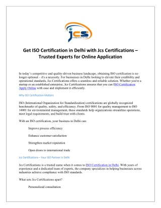 Get ISO Certification in Delhi with Jcs Certifications – Trusted Experts for Online Application