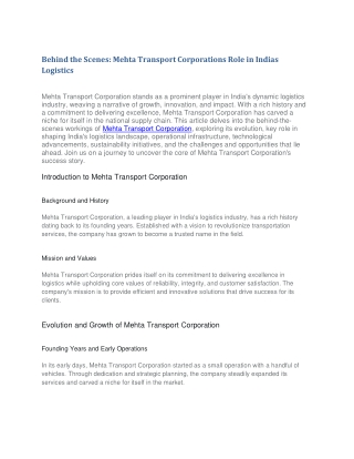 Behind the Scenes: Mehta Transport Corporations Role in Indias Logistics