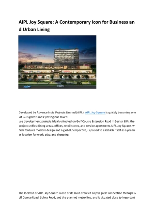 AIPL Joy Square, Sector 63A Gurgaon – Premium High-Street Retail & Serviced Re