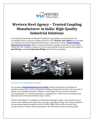 Western Steel Agency – Trusted Coupling Manufacturer in India-High-Quality Industrial Solutions