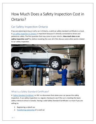 Cost of Car Safety Inspection Ontario