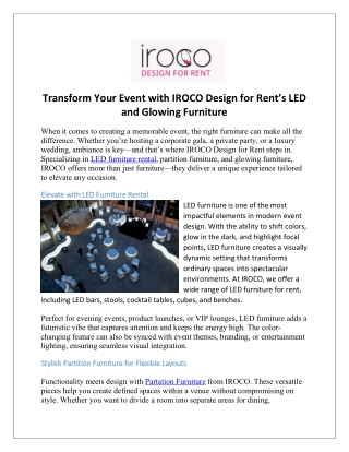 Transform Your Event with IROCO Design for Rent’s LED and Glowing Furniture