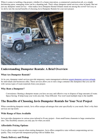 “The Benefits of Choosing Javis Dumpster Rentals for Your Next Project”