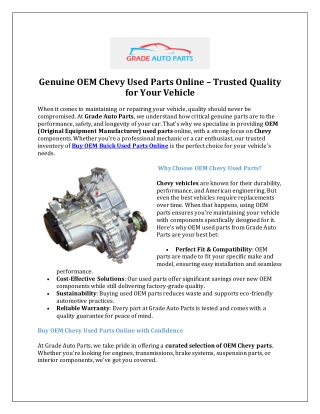 Genuine OEM Chevy Used Parts Online – Trusted Quality for Your Vehicle
