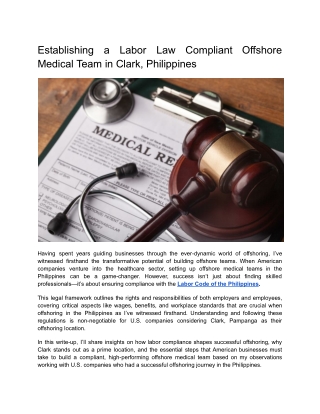 Establishing a Labor Law Compliant Offshore Medical Team in Clark, Philippines