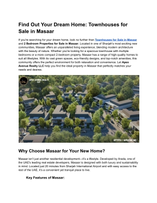 Explore Prime Properties- Townhouses or 2 Bedrooms Properties in Masaar