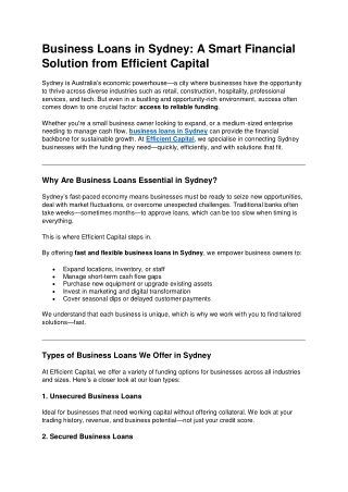 Business Loans in Sydney A Smart Financial Solution from Efficient Capital