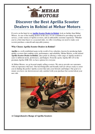 Find the Best Aprilia Scooter Dealers in Rohini – Mehar Motors