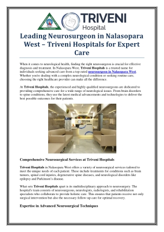 Experienced Neurosurgeon in Nalasopara West – Triveni Hospitals