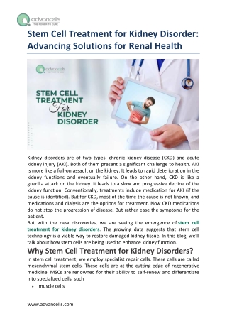 Stem Cell Treatment for Kidney Disorder: Advancing Solutions for Renal Health