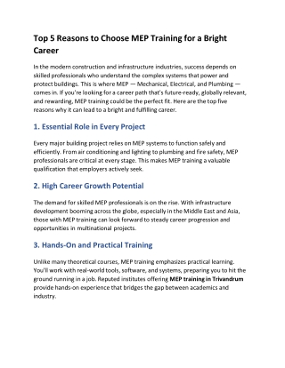Top 5 Reasons to Choose MEP Training for a Bright Career