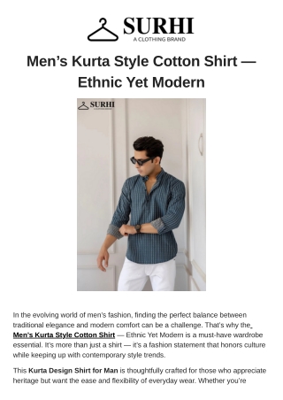 Men’s Kurta Style Cotton Shirt — Ethnic Yet Modern