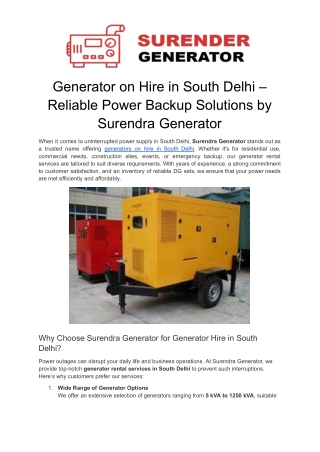 Find The Best Generator on Hire in South Delhi