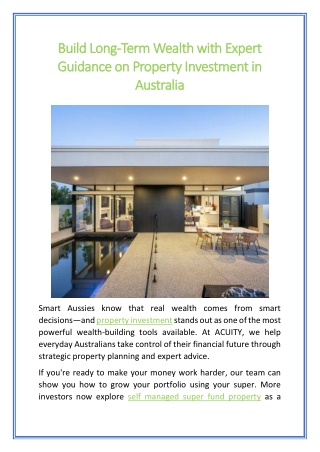 Build Long-Term Wealth with Expert Guidance on Property Investment in Australia