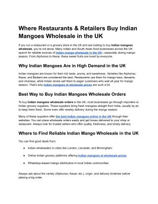 Lakshmi Wholesale UK: Your Trusted Indian Mango Wholesaler