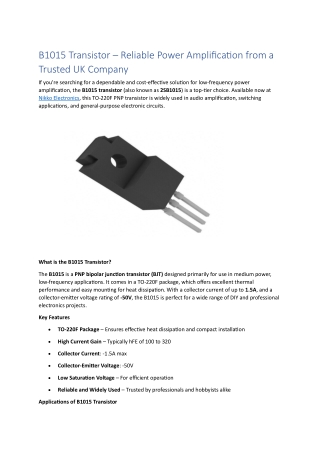 b1015 transistor reliable power amplification