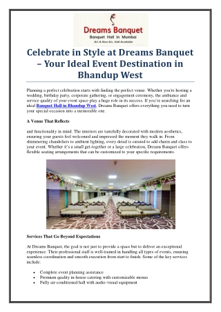 Celebrate in Style at the Best Banquet Hall in Bhandup West – Dreams Banquet