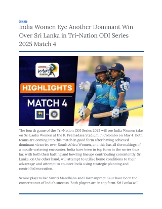 India Women Eye Another Dominant Win Over Sri Lanka in Tri-Nation ODI Series 2025 Match 4