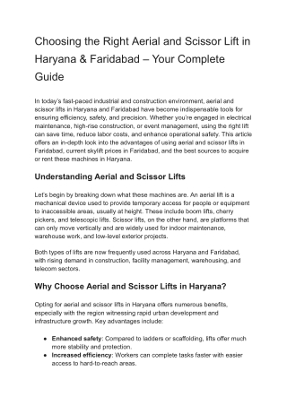 Choosing the Right Aerial and Scissor Lift in Haryana & Faridabad – Your Complete Guide
