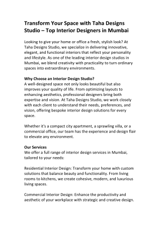 Interior Design Studio in Mumbai – Taha Designs Studio