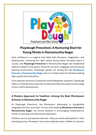 Playdough Preschool A Nurturing Start for Young Minds in Ramamurthy Nagar