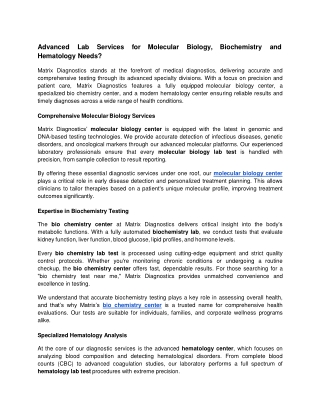 Advanced Lab Services for Molecular Biology and Biochemistry and Hematology Needs