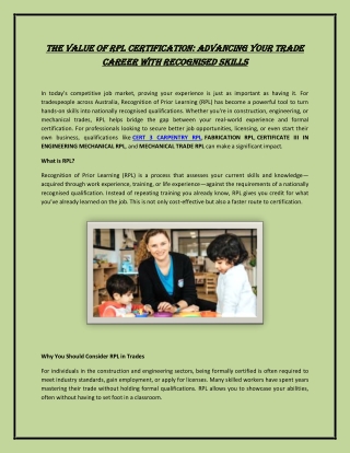 The Value of RPL Certification: Advancing Your Trade Career with Recognised Skil