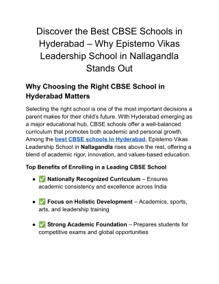 Best CBSE Schools in Hyderabad – Why Epistemo Vikas Leadership School in Nallagandla Stands Out