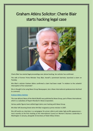 Graham Atkins Solicitor Cherie Blair starts hacking legal case