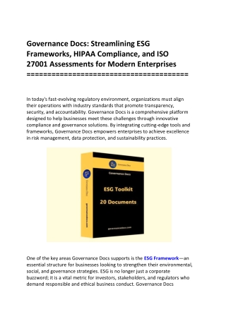 Governance Docs Streamlining ESG Frameworks, HIPAA Compliance, and ISO 27001 Assessments for Modern Enterprises