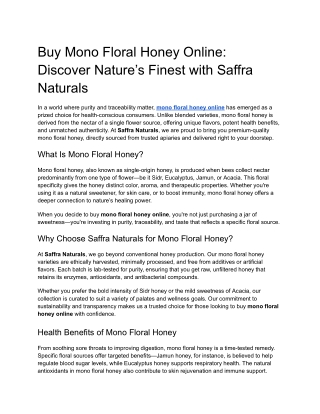 Buy Mono Floral Honey Online: Discover Nature’s Finest with Saffra Naturals