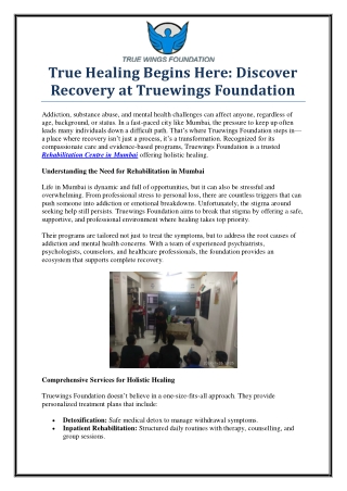Rebuild Your Life with Truewings Rehabilitation Centre in Mumbai