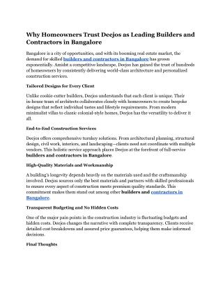 Why Homeowners Trust Deejos as Leading Builders and Contractors in Bangalore