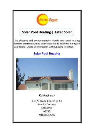 Solar Pool Heating  Aztec Solar
