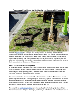 Trenchless Pipe Lining for Residential vs. Commercial Properties