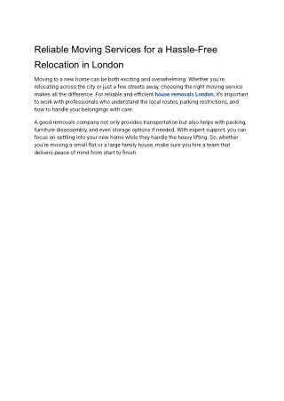 Reliable Moving Services for a Hassle-Free Relocation in London
