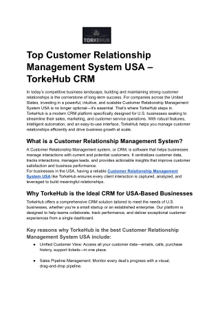 Top Customer Relationship Management System USA – TorkeHub CRM