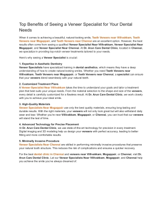 Top Benefits of Seeing a Veneer Specialist for Your Dental Needs