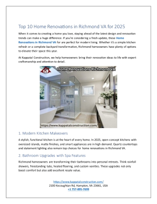 Top 10 Home Renovations in Richmond VA for 2025