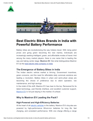 Best Electric Bikes Brands in India with Powerful Battery Performance
