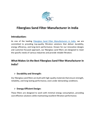 Fiberglass Sand Filter Manufacturer in India- SIC GOA