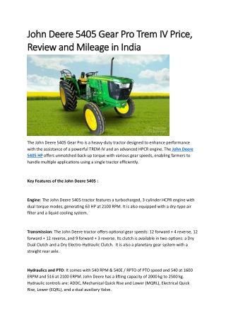 John Deere 5405 Gear Pro Trem IV Price, Review and Mileage in India