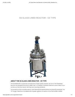 CE Type Glass-Lined Reactors | PFG GlassKem Inc.