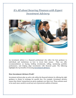 It’s All about Securing Finances with Expert Investment Advisory